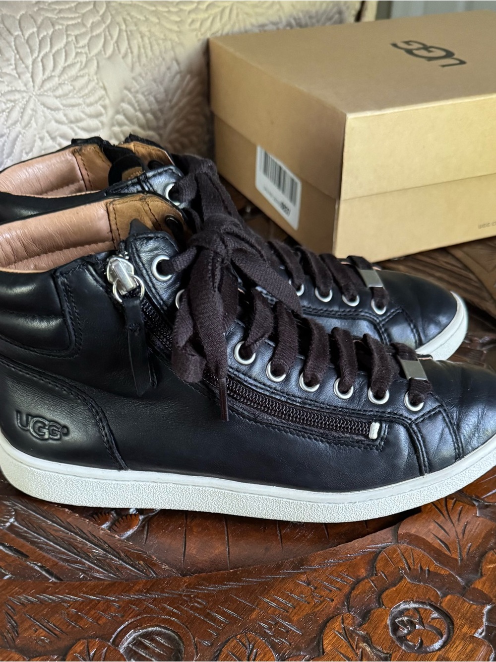 UGG Black Leather High-Top Sneakers with White Sole